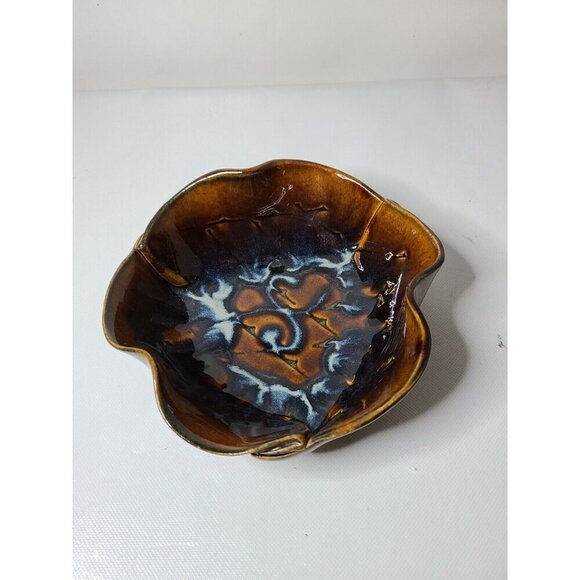 Vintage 80s Hilborn Pottery Brown Blue Drip Glazed Ceramic Handmade Ruffle Bowl - Picture 2 of 7